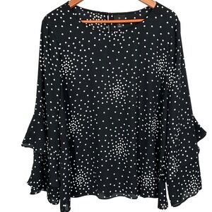 Worthington Black Polka Dot Pattern Chiffon Blouse Tiered Ruffle Sleeves Size XL